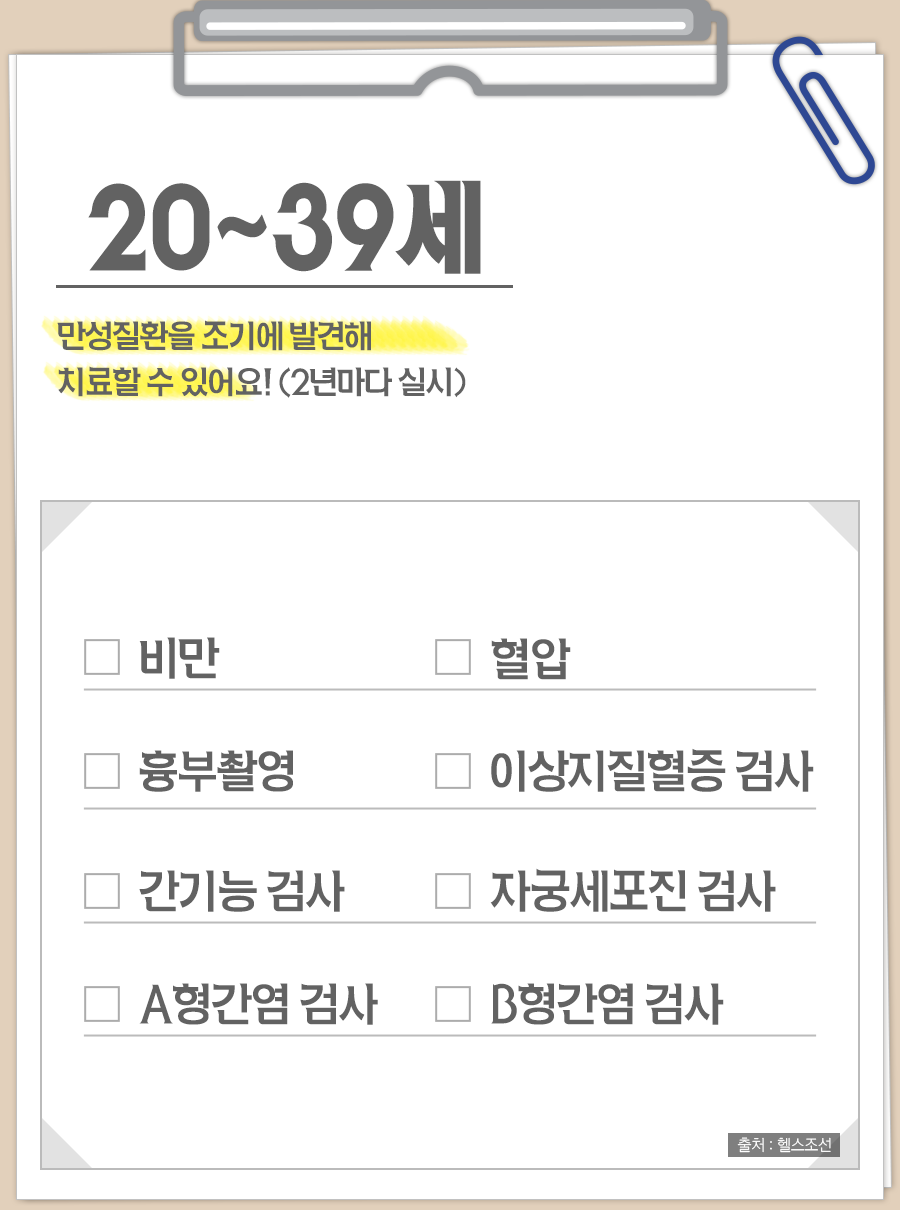 20~39세 만성질환을 조기에 발견해 치료할 수 있어요!(2년마다 실시)