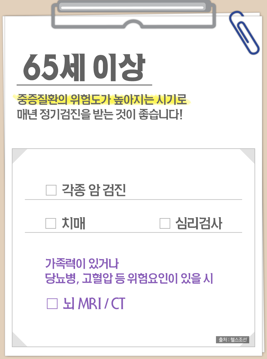 65세 이상 중증질환의 위험도가 높아지는 시기로 매년 정기검진을 받는 것이 좋습니다!
