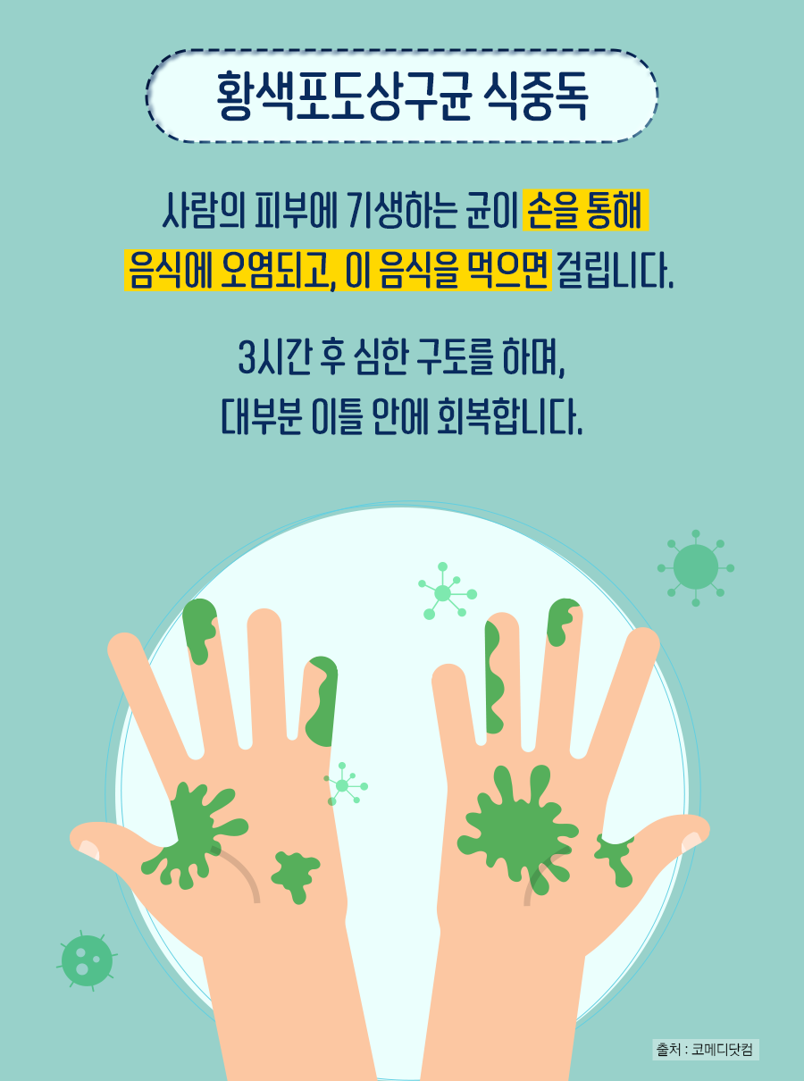 황색포도상구균 식중독 - 사람의 피부에 기생하는 균이 손을 통해 음식에 오염되고, 이 음식을 먹으면 걸립니다. 3시간 후 심한 구토를 하며, 대부분 이틀 안에 회복합니다.