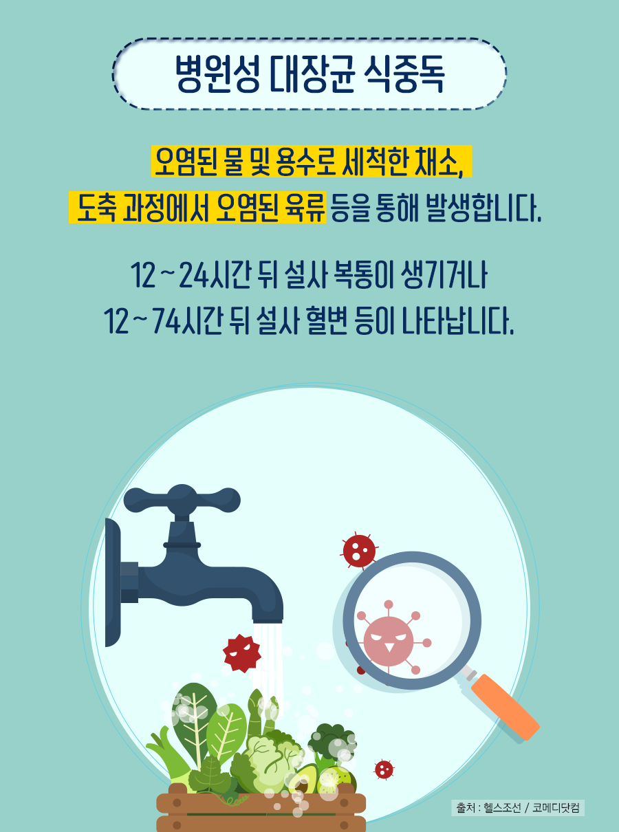 병원성 대장균 식중독 - 오염된 물 및 오염된 용수로 세척한 채소, 도축 과정에서 오염된 육류 등을 통해 발생합니다. 12~24시간 뒤 설사 복통이 생기거나 12~74시간 뒤 설사 혈변 등이 나타납니다.