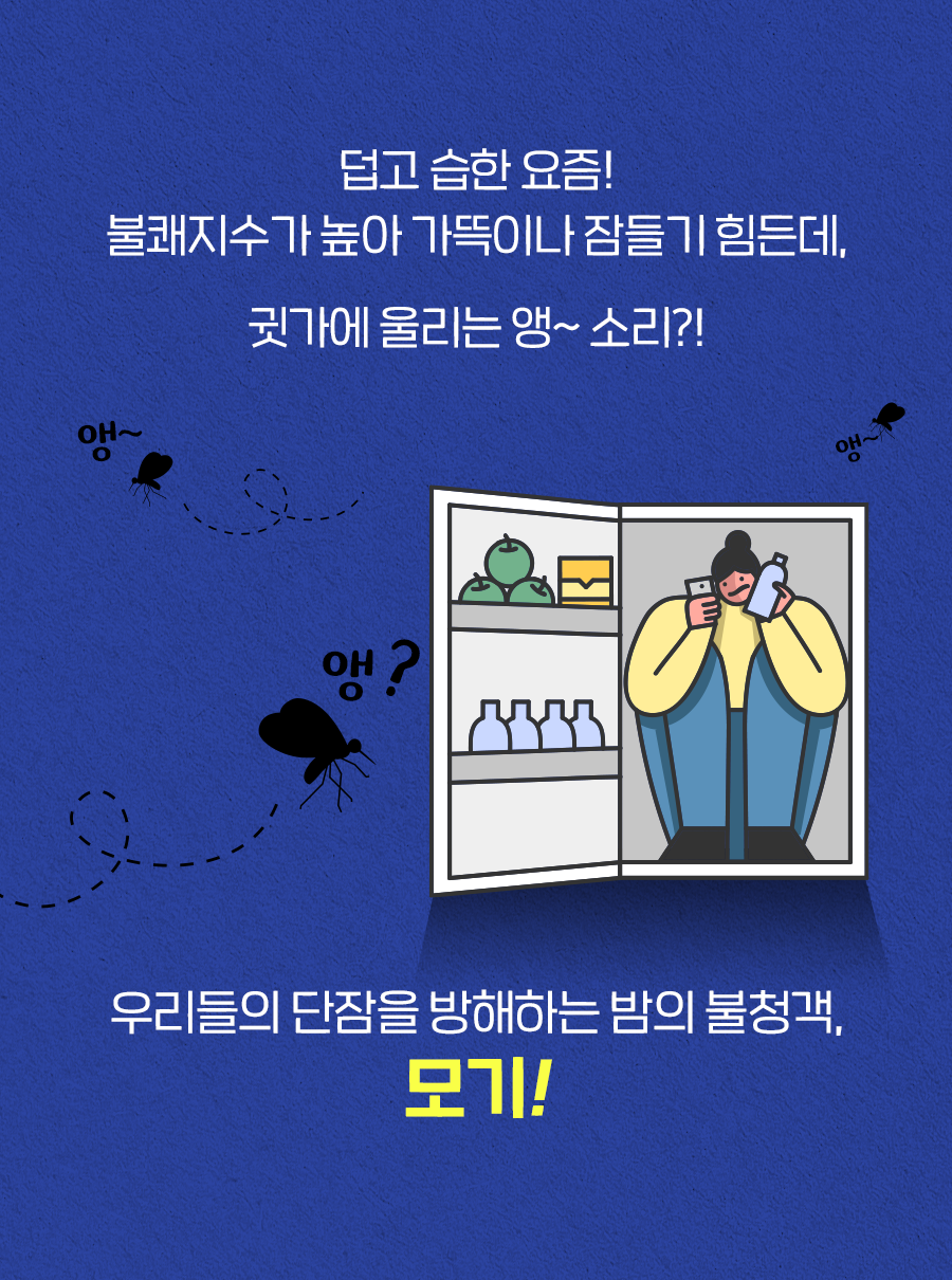 덥고 습한 요즘! 불쾌지수가 높아 가뜩이나 잠들기 힘든데, 귓가에 울리는 앵~ 소리?! 우리들의 단잠을 방해하는 밤의 불청객, 모기!