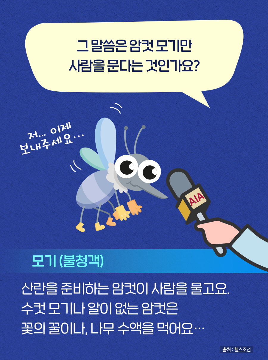 Q. 그 말씀은 암컷 모기만 사람을 문다는 것인가요? A. 모기(불청객) : 산란을 준비하는 암컷이 사람을 물고요. 수컷 모기나 알이 없는 암컷은 꽃의 꿀이나, 나무 수액을 먹어요… (저… 이제 보내주세요…)