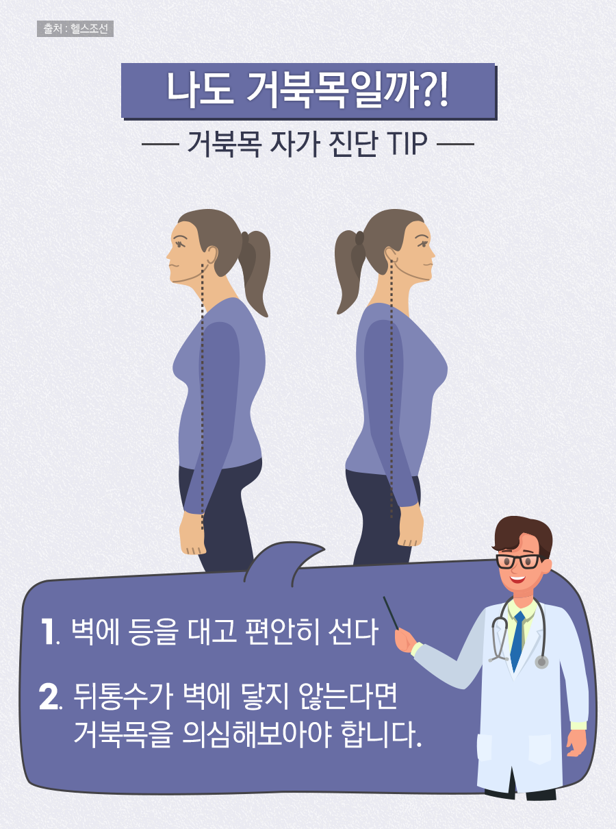 나도 거북목일까?! - 거북목 자가 진단 TIP - / 1. 벽에 등을 대고 편안히 선다 / 2. 뒤통수가 벽에 닿지 않는다면 거북목을 의심해보아야 합니다.