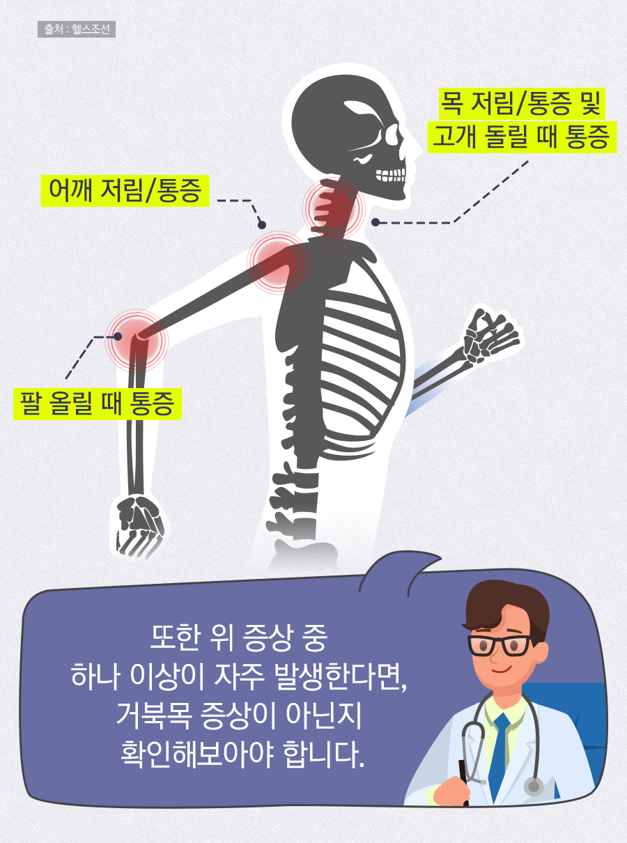 어깨 저림/통증, 목 저림/통증 및 고개 돌릴 때 통증, 팔 올릴 때 통증 / 또한 위 증상 중 하나 이상이 자주 발생한다면, 거북목 증상이 아닌지 확인해보아야 합니다.