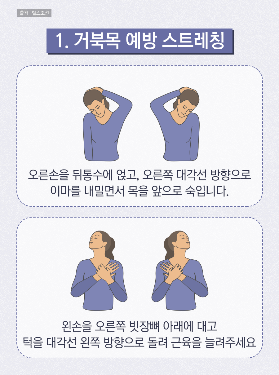 1. 거북목 예방 스트레칭 / 오른손을 뒤통수에 얹고, 오른쪽 대각선 방향으로 이마를 내밀면서 목을 앞으로 숙입니다. / 왼손을 오른쪽 빗장뼈 아래에 대고 턱을 대각선 왼쪽 방향으로 돌려 근육을 늘려주세요.