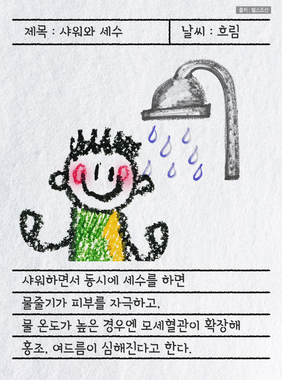 제목 : 샤워와 세수 / 날씨 : 흐림 / 샤워하면서 동시에 세수를 하면 물줄기가 피부를 자극하고, 물 온도가 높은 경우엔 모세혈관이 확장해 홍조, 여드름이 심해진다고 한다.