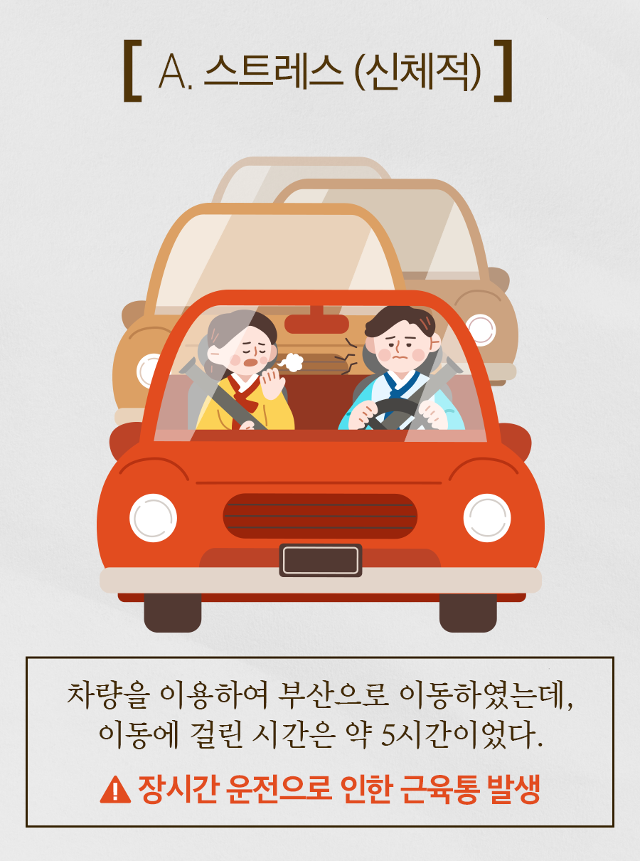 A. 스트레스(신체적) / 차량을 이용하여 부산으로 이동하였는데, 이동에 걸린 시간은 약 5시간이었다. → 장시간 운전으로 인한 근육통 발생