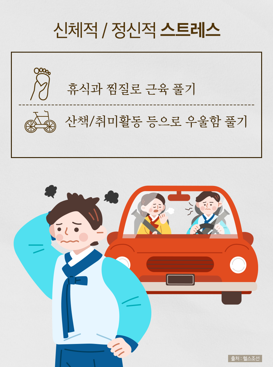 신체적/정신적 스트레스 : 휴식과 찜질로 근육 풀기 / 산책/취미활동 등으로 우울함 풀기