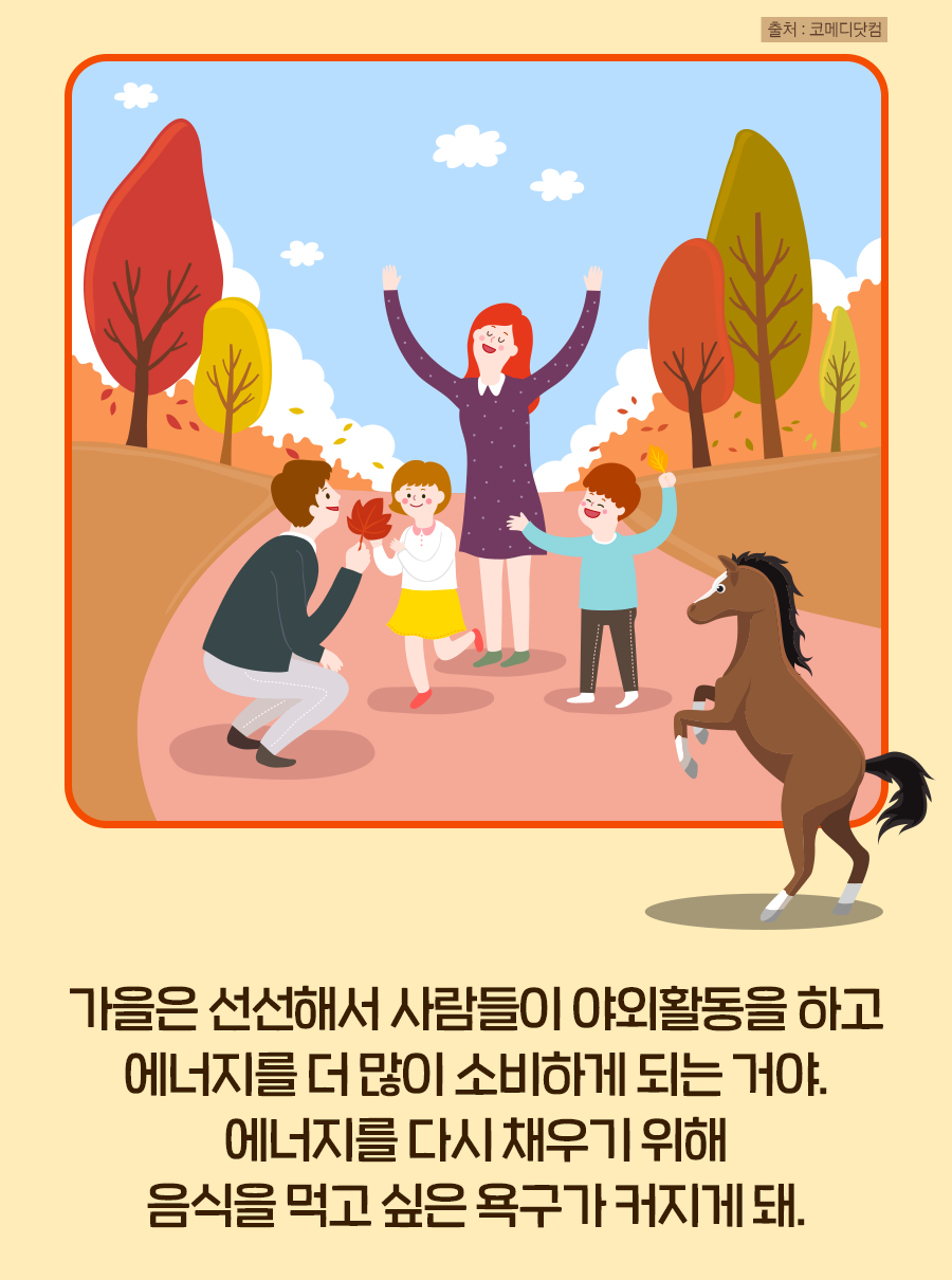 가을은 선선해서 사람들이 야외활동을 하고 에너지를 더 많이 소비하게 되는 거야. 에너지를 다시 채우기 위해 음식을 먹고 싶은 욕구가 커지게 돼.