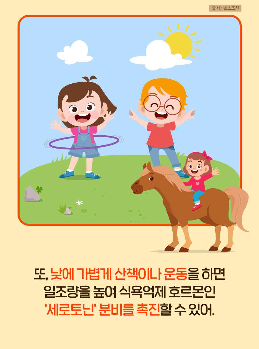 또 낮에 가볍게 산책이나 운동을 하면 일조량을 높여 식욕억제 호르몬인 세로토닌 분비를 촉진할 수 있어.