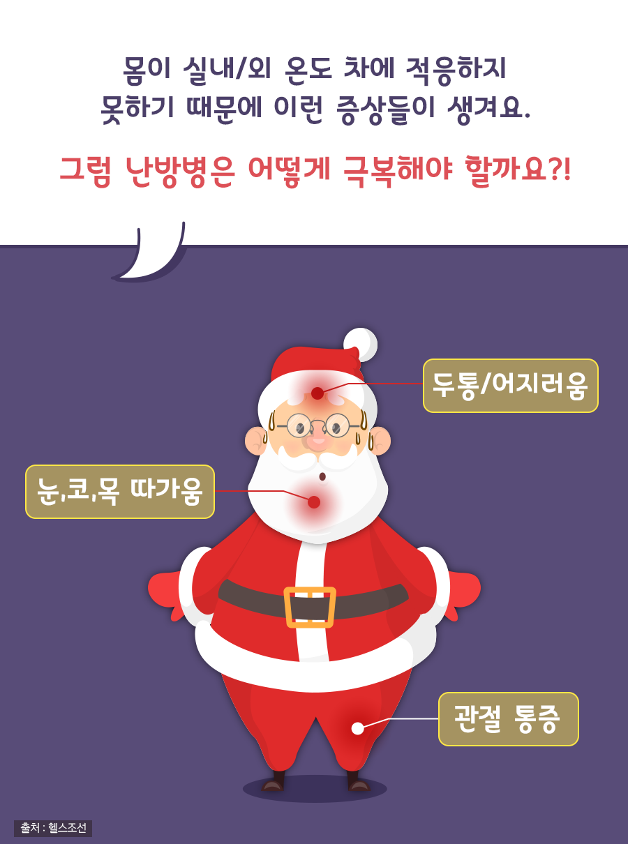 몸이 실내/외 온도 차에 적응하지 못하기 때문에 이런 증상들이 생겨요. 그럼 난방병은 어떻게 극복해야 할까요?! (두통/어지러움, 눈, 코, 목 따가움, 관절 통증)