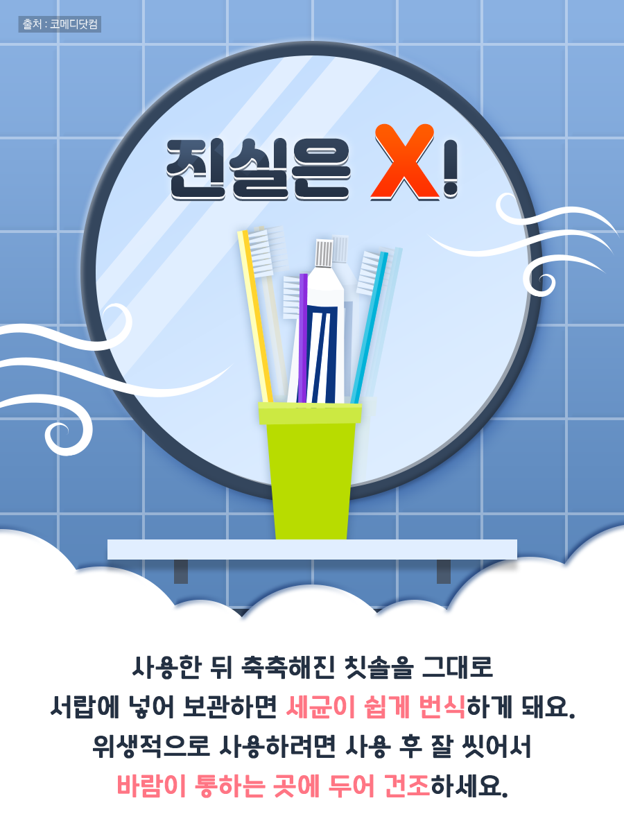 진실은 X! 사용한 뒤 축축해진 칫솔을 그대로 서랍에 넣어 보관하면 세균이 쉽게 번식하게 돼요. 위생적으로 사용하려면 사용 후 잘 씻어서 바람이 통하는 곳에 두어 건조하세요.
