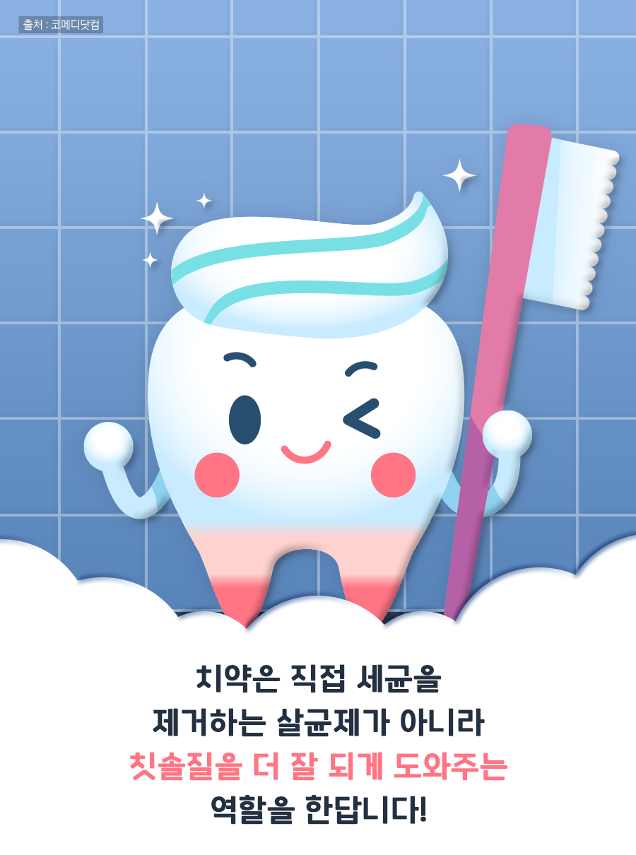 치약은 직접 세균을 제거하는 살균제가 아니라 칫솔질을 더 잘 되게 도와주는 역할을 한답니다!