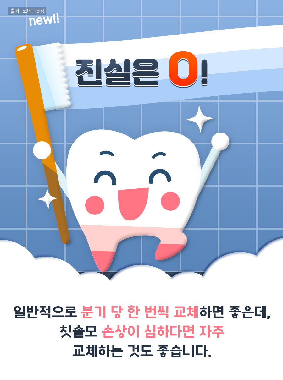 진실은 O! 일반적으로 분기 당 한 번씩 교체하면 좋은데, 칫솔모 손상이 심하다면 자주 교체하는 것도 좋습니다.