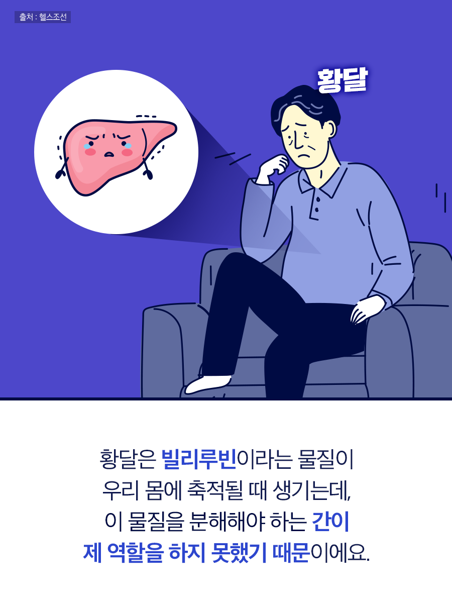 황달은 빌리루빈이라는 물질이 우리 몸에 축적될 때 생기는데, 이 물질을 분해해야 하는 간이 제 역할을 하지 못했기 때문이에요.