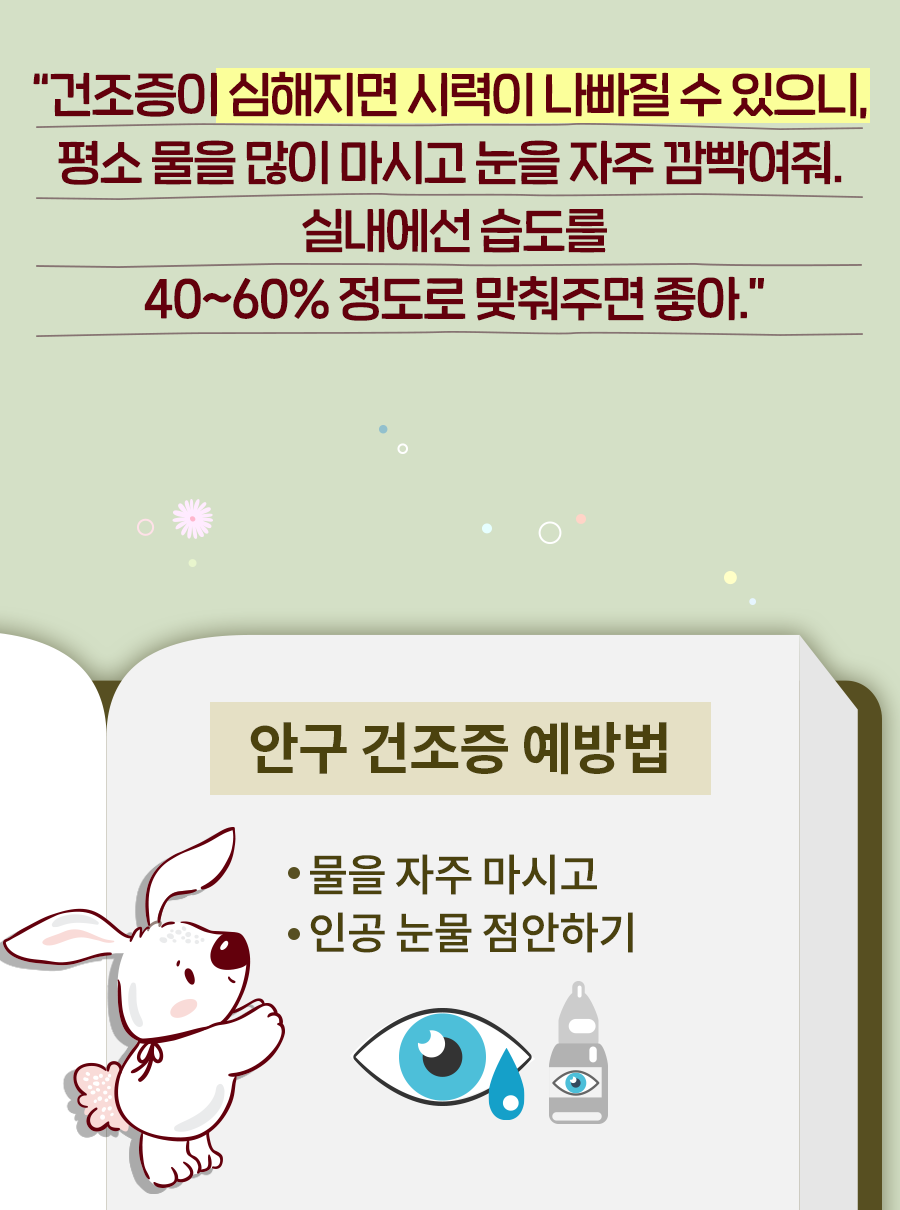 토끼: 건조증이 심해지면 시력이 나빠질 수 있으니, 평소 물을 많이 마시고 눈을 자주 깜빡여줘. 실내에선 습도를 40~60% 정도로 맞춰주면 좋아. 안구 건조증 예방법 - 물을 자주 마시고 인공 눈물 점안하기