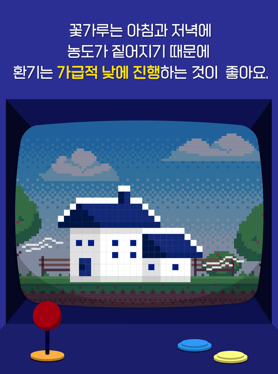 꽃가루는 아침과 저녁에 농도가 짙어지기 때문에 환기는 가급적 낮에 진행하는 것이 좋아요.