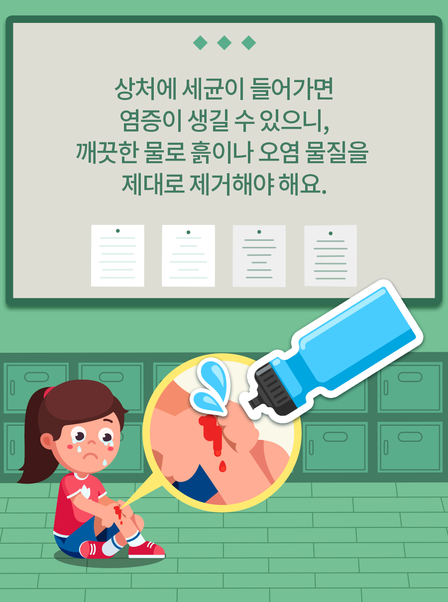 상처에 세균이 들어가면 염증이 생길 수 있으니, 깨끗한 물로 흙이나 오염 물질을 제대로 제거해야 해요.