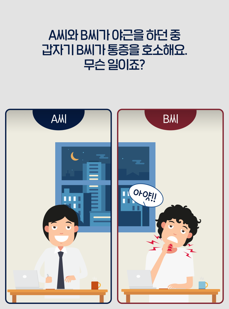 A씨와 B씨가 야근을 하던 중 갑자기 B씨가 통증을 호소해요. 무슨 일이죠?
