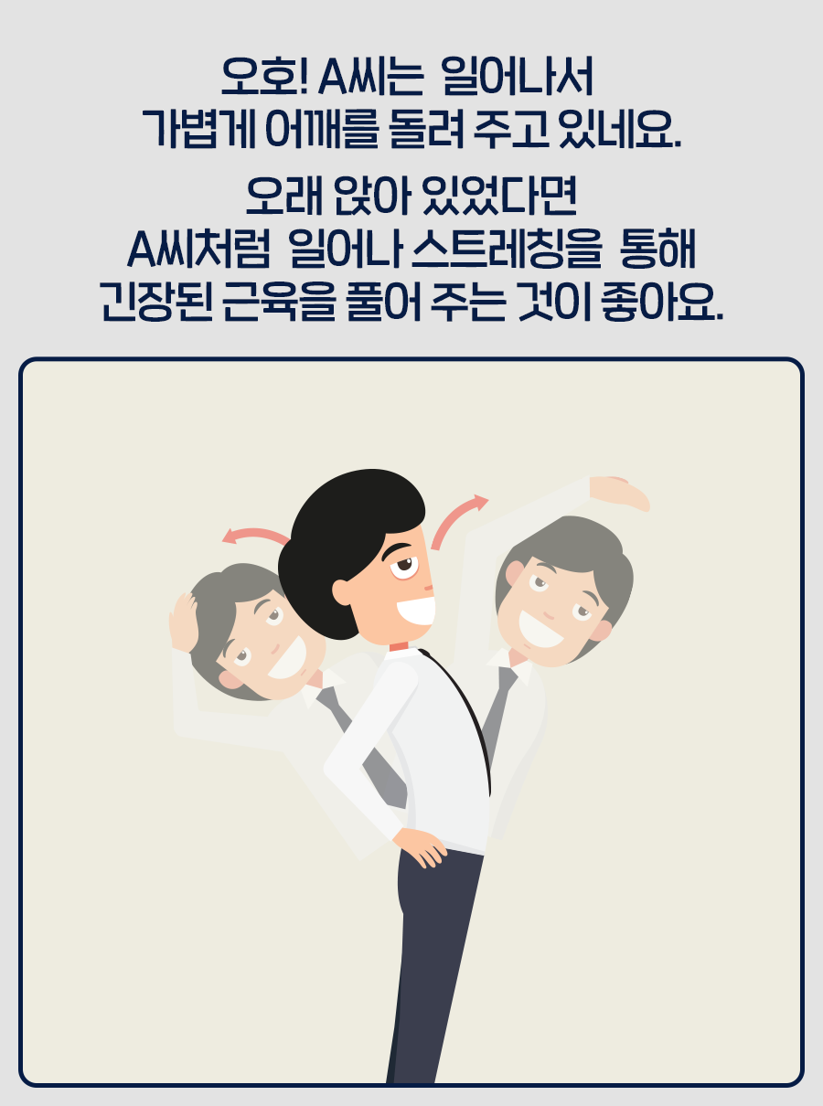 오호! A씨는 일어나서 가볍게 어깨를 돌려 주고 있네요. 오래 앉아 있었다면 A씨처럼 일어나 스트레칭을 통해 긴장된 근육을 풀어 주는 것이 좋아요.
