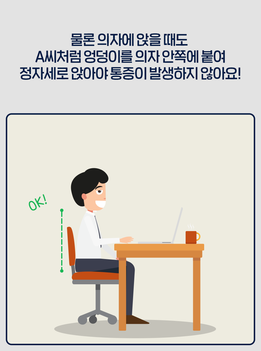 물론 의자에 앉을 때도 A씨처럼 엉덩이를 의자 안쪽에 붙여 정자세로 앉아야 통증이 발생하지 않아요!